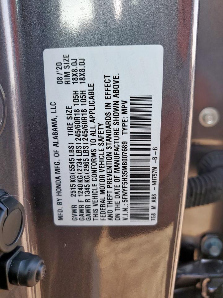 2021 Honda Pilot Ex VIN: 5FNYF5H35MB007689 Lot: 80682885