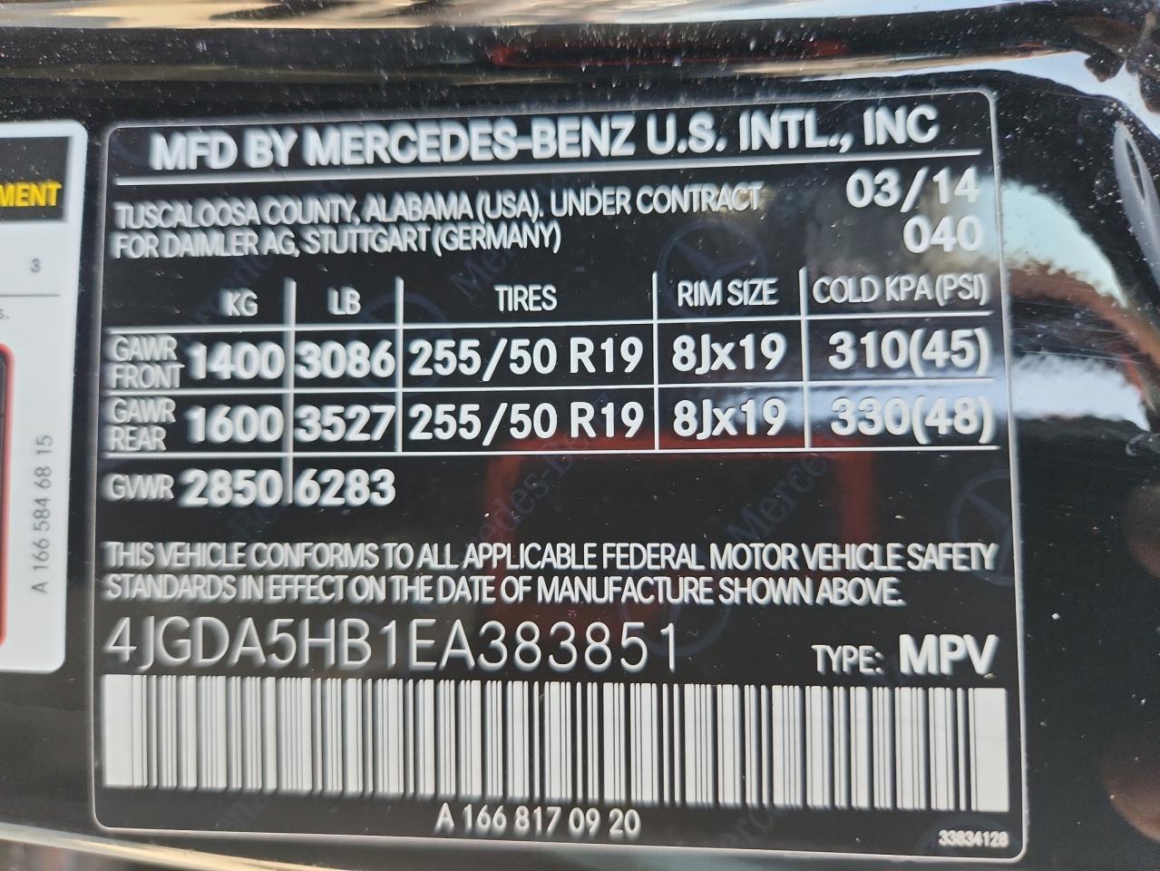 2014 Mercedes-Benz Ml 350 4Matic VIN: 4JGDA5HB1EA383851 Lot: 81103805