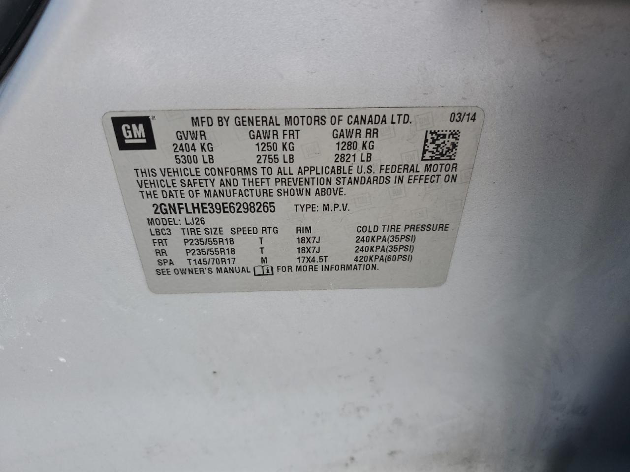 2014 Chevrolet Equinox Ltz VIN: 2GNFLHE39E6298265 Lot: 84464235