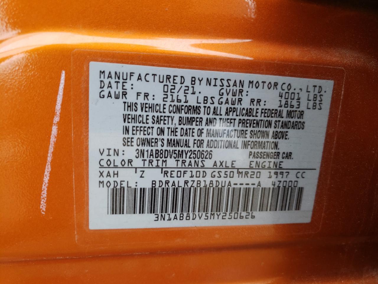 2021 Nissan Sentra Sr VIN: 3N1AB8DV5MY250626 Lot: 80991535