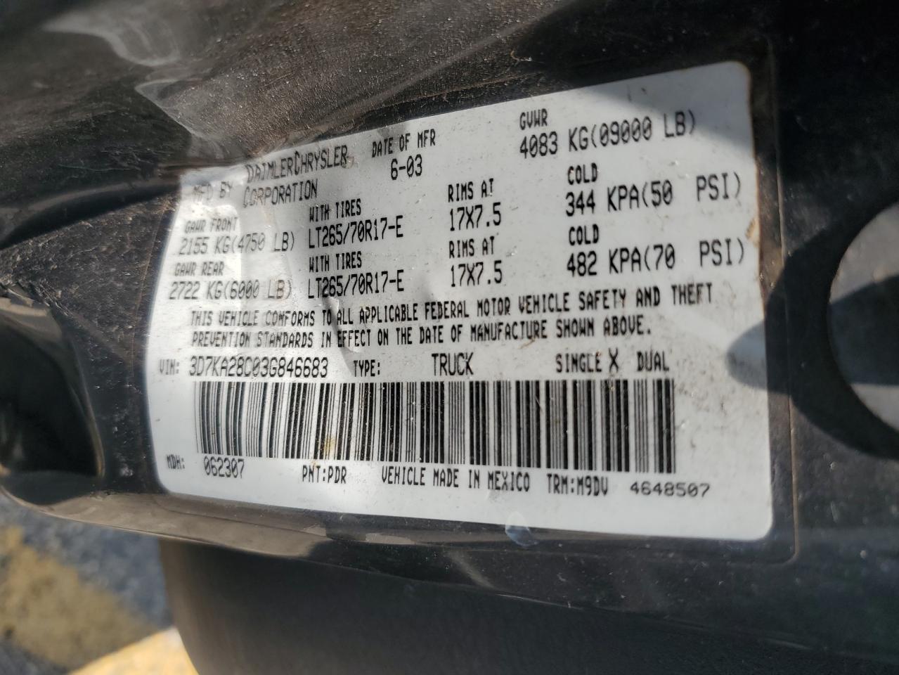 2003 Dodge Ram 2500 St VIN: 3D7KA28C03G846683 Lot: 80759745