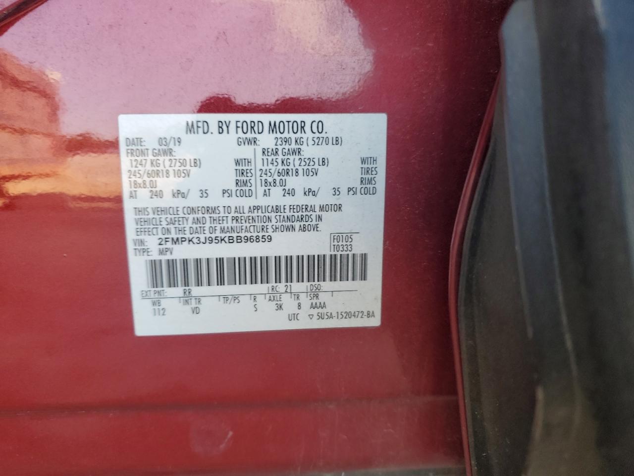 2019 Ford Edge Sel VIN: 2FMPK3J95KBB96859 Lot: 80503235