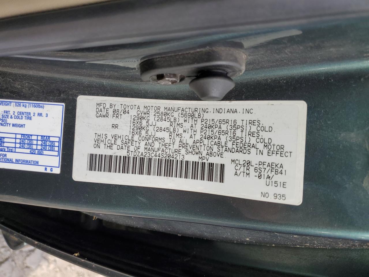 2004 Toyota Sienna Ce VIN: 5TDZA23C44S204213 Lot: 70920295