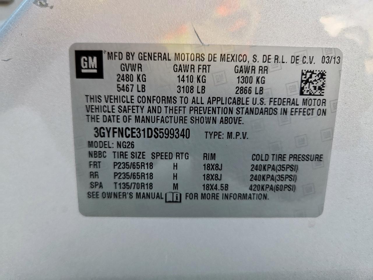 2013 Cadillac Srx Luxury Collection VIN: 3GYFNCE31DS599340 Lot: 81062365