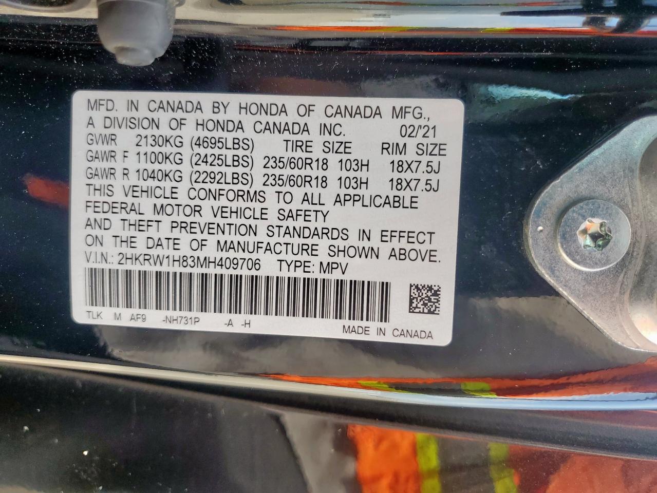 2021 Honda Cr-V Exl VIN: 2HKRW1H83MH409706 Lot: 80789695