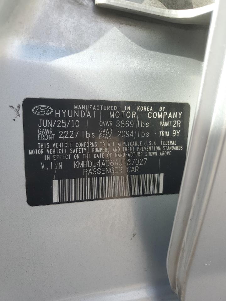 2010 Hyundai Elantra Blue VIN: KMHDU4AD6AU137027 Lot: 83825705