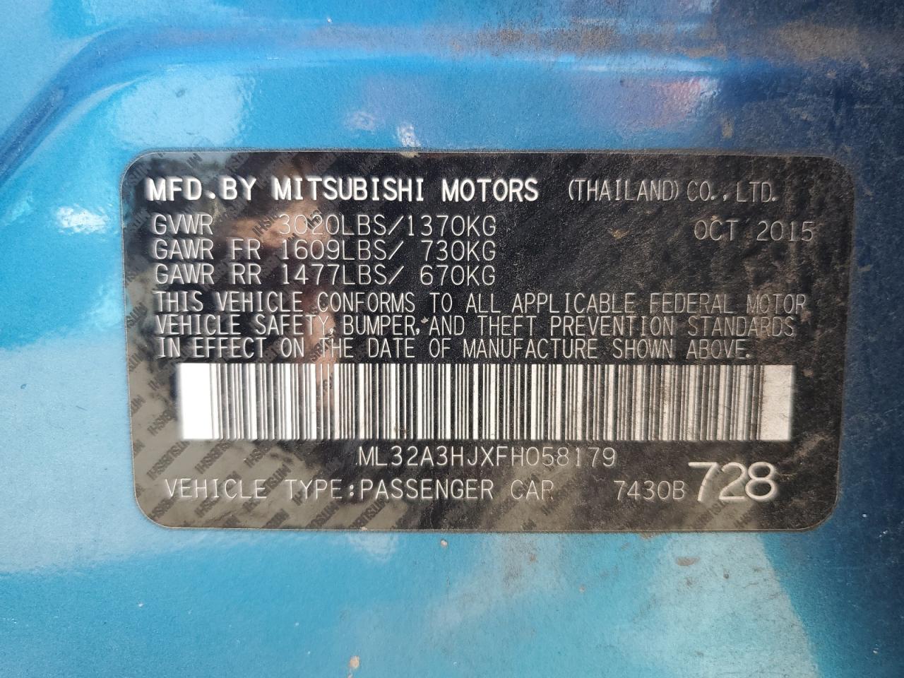 2015 Mitsubishi Mirage De VIN: ML32A3HJXFH058179 Lot: 71465205