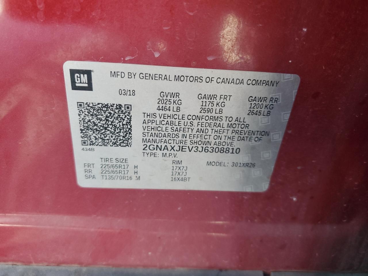 2018 Chevrolet Equinox Lt VIN: 2GNAXJEV3J6308810 Lot: 71649555