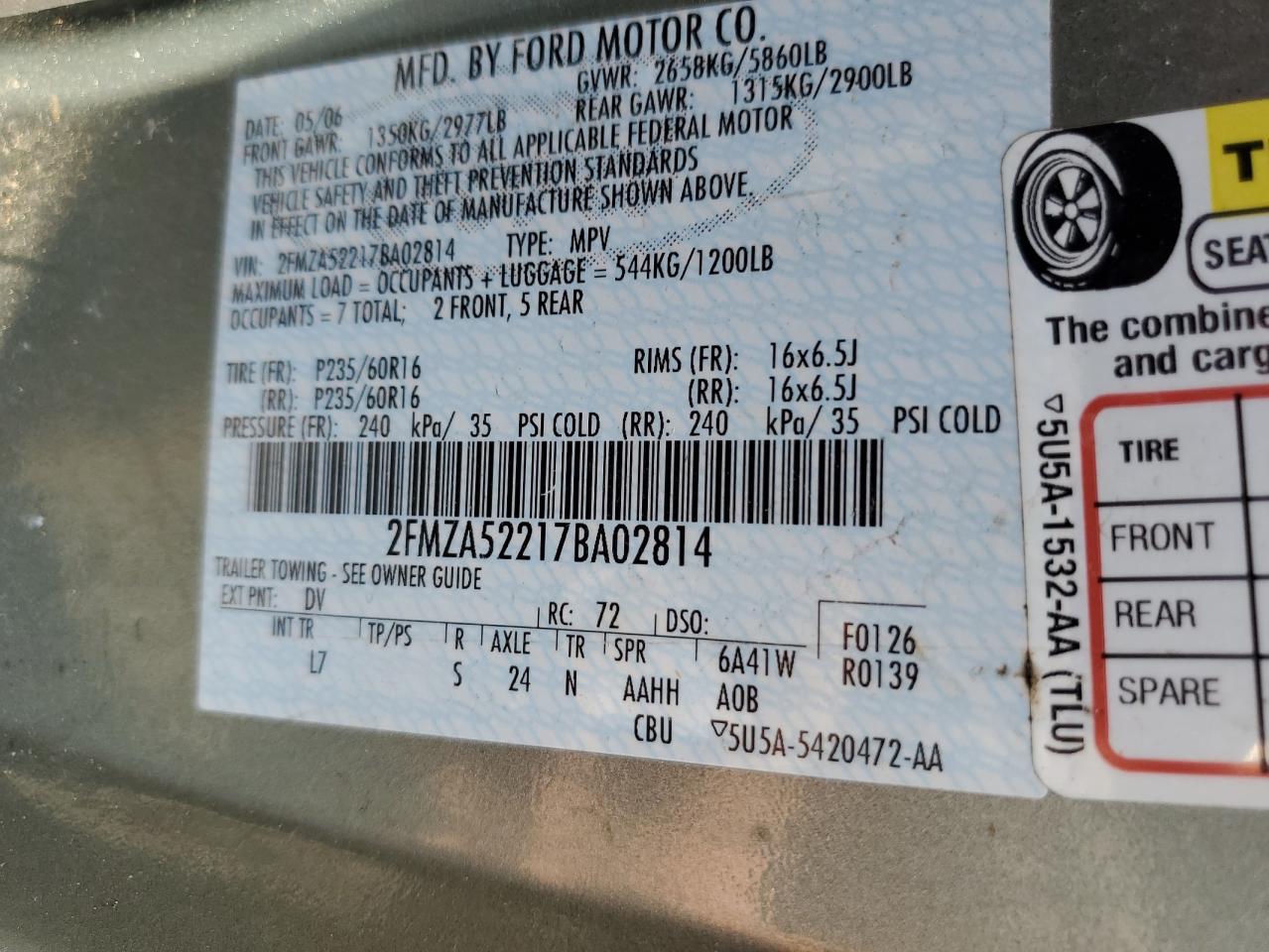 2007 Ford Freestar Sel VIN: 2FMZA52217BA02814 Lot: 80264675