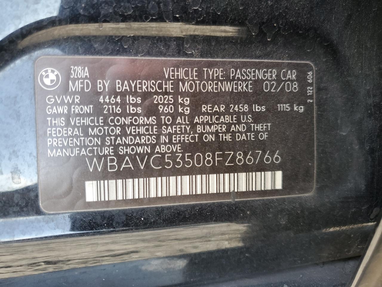 2008 BMW 328 I Sulev VIN: WBAVC53508FZ86766 Lot: 71698625