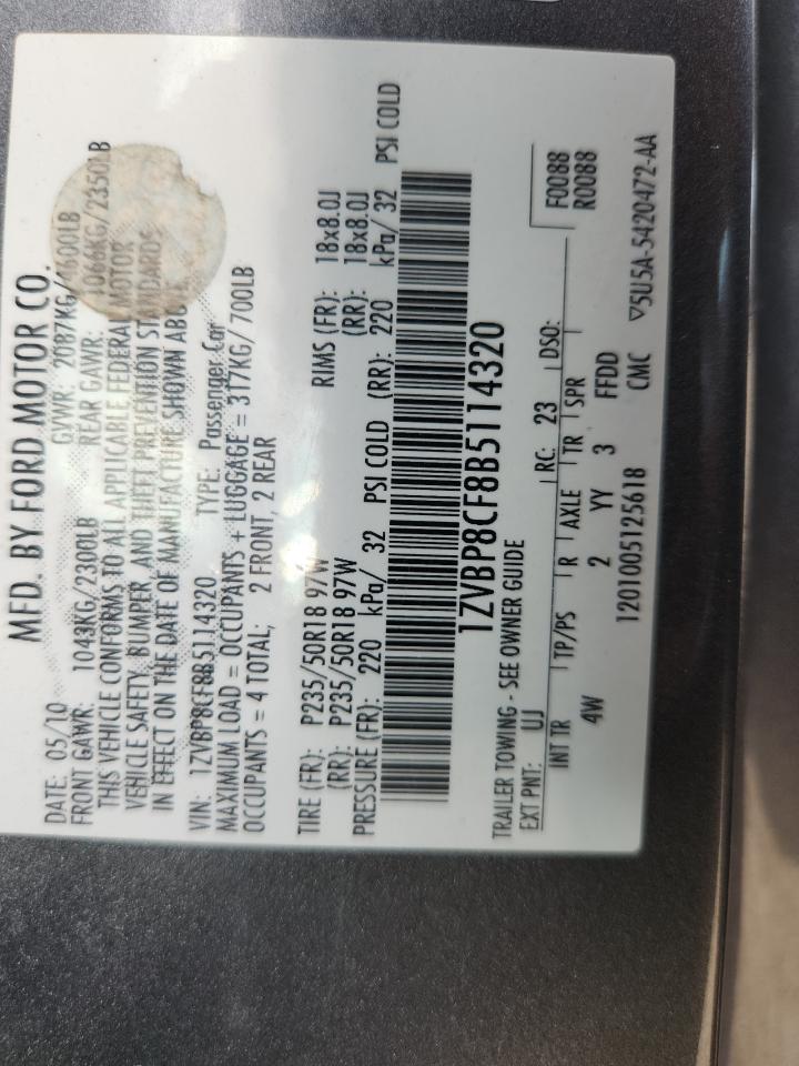 2011 Ford Mustang Gt VIN: 1ZVBP8CF8B5114320 Lot: 84473535