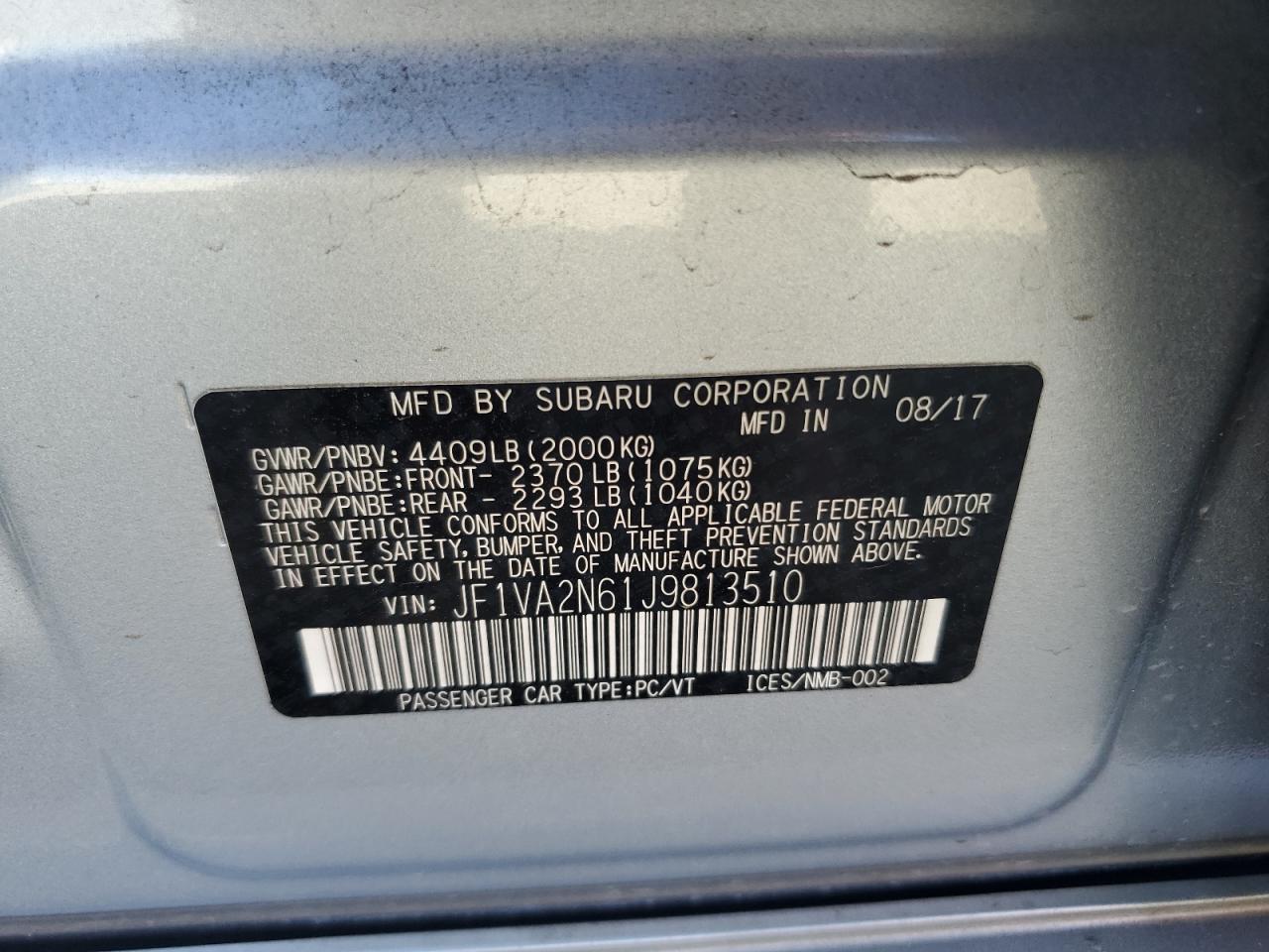 2018 Subaru Wrx Sti VIN: JF1VA2N61J9813510 Lot: 84058415
