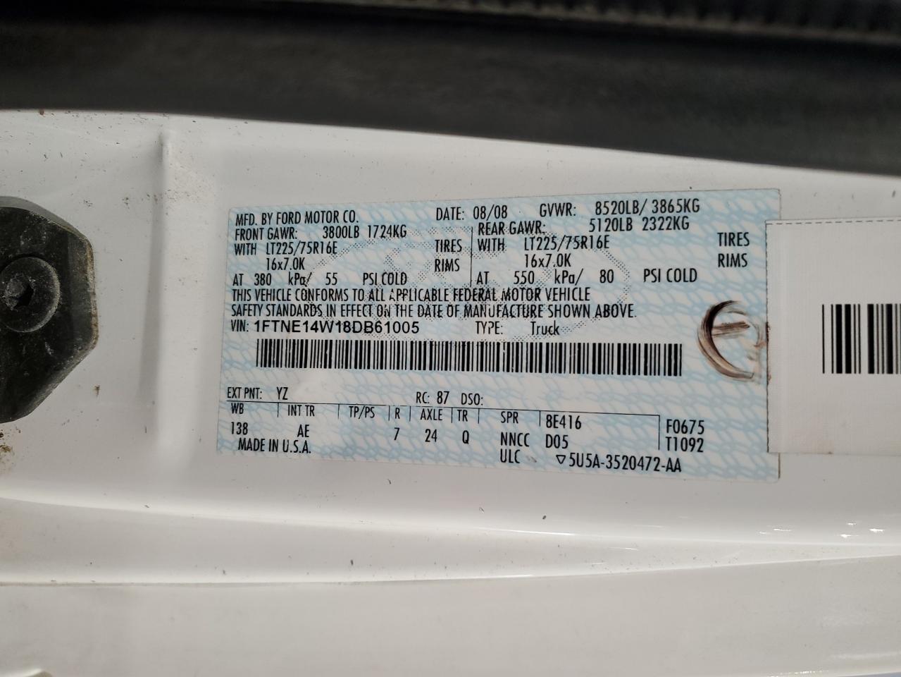 2008 Ford Econoline E150 Van VIN: 1FTNE14W18DB61005 Lot: 80458725