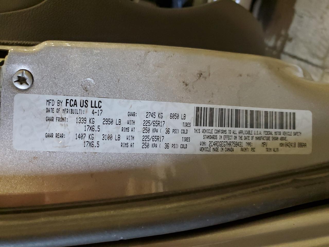 2017 Dodge Grand Caravan Gt VIN: 2C4RDGEG7HR758431 Lot: 70856475