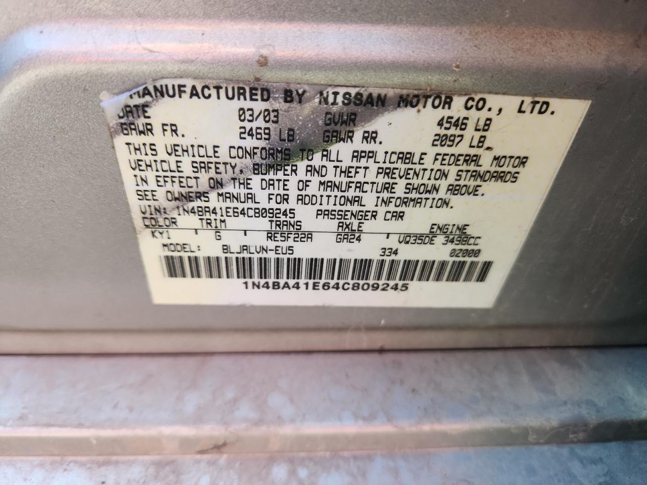 2004 Nissan Maxima Se VIN: 1N4BA41E64C809245 Lot: 84568195