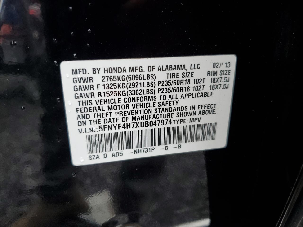 2013 Honda Pilot Exln VIN: 5FNYF4H7XDB047974 Lot: 83999755