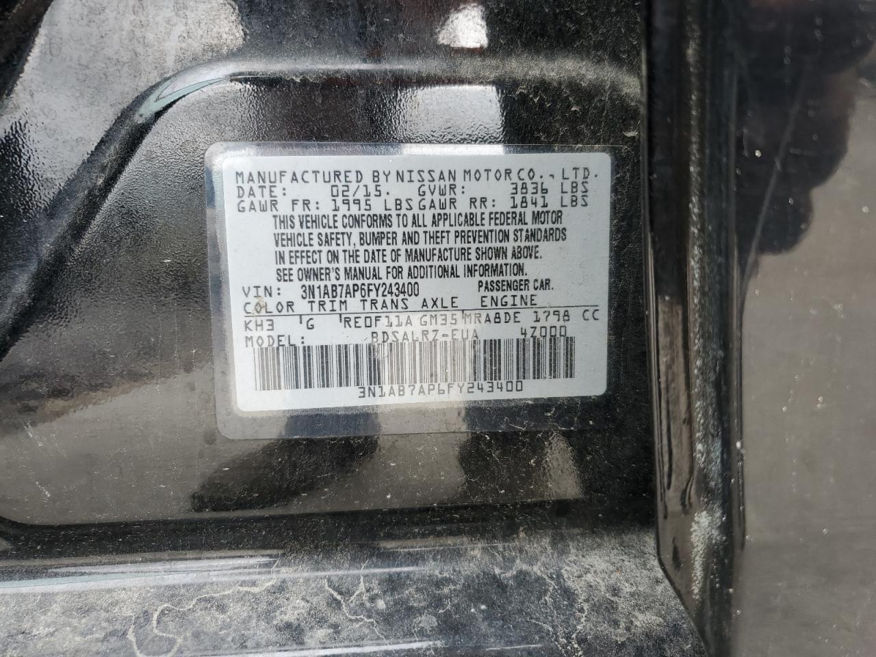 2015 Nissan Sentra S VIN: 3N1AB7AP6FY243400 Lot: 81519245