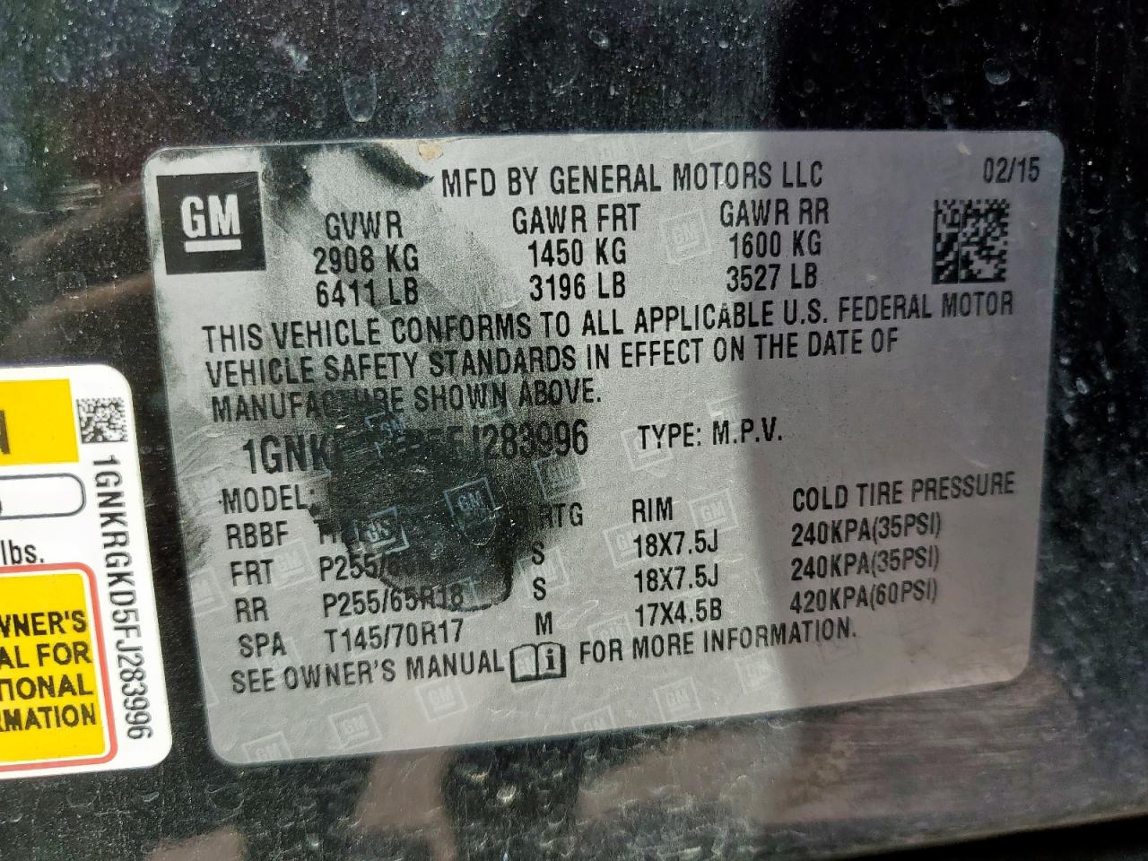 2015 Chevrolet Traverse Lt VIN: 1GNKRGKD5FJ283996 Lot: 81022765