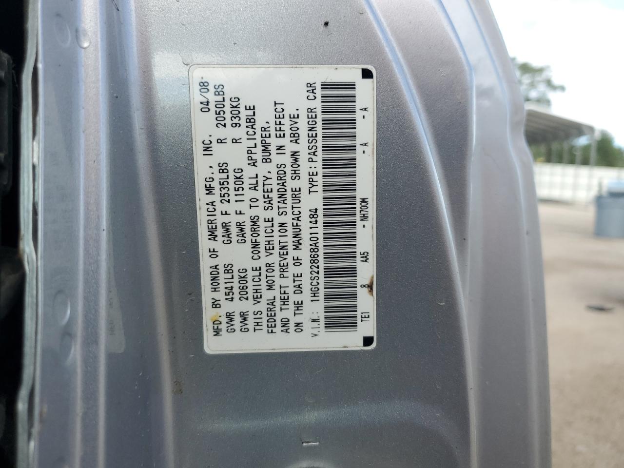 2008 Honda Accord Exl VIN: 1HGCS22868A011484 Lot: 82124335