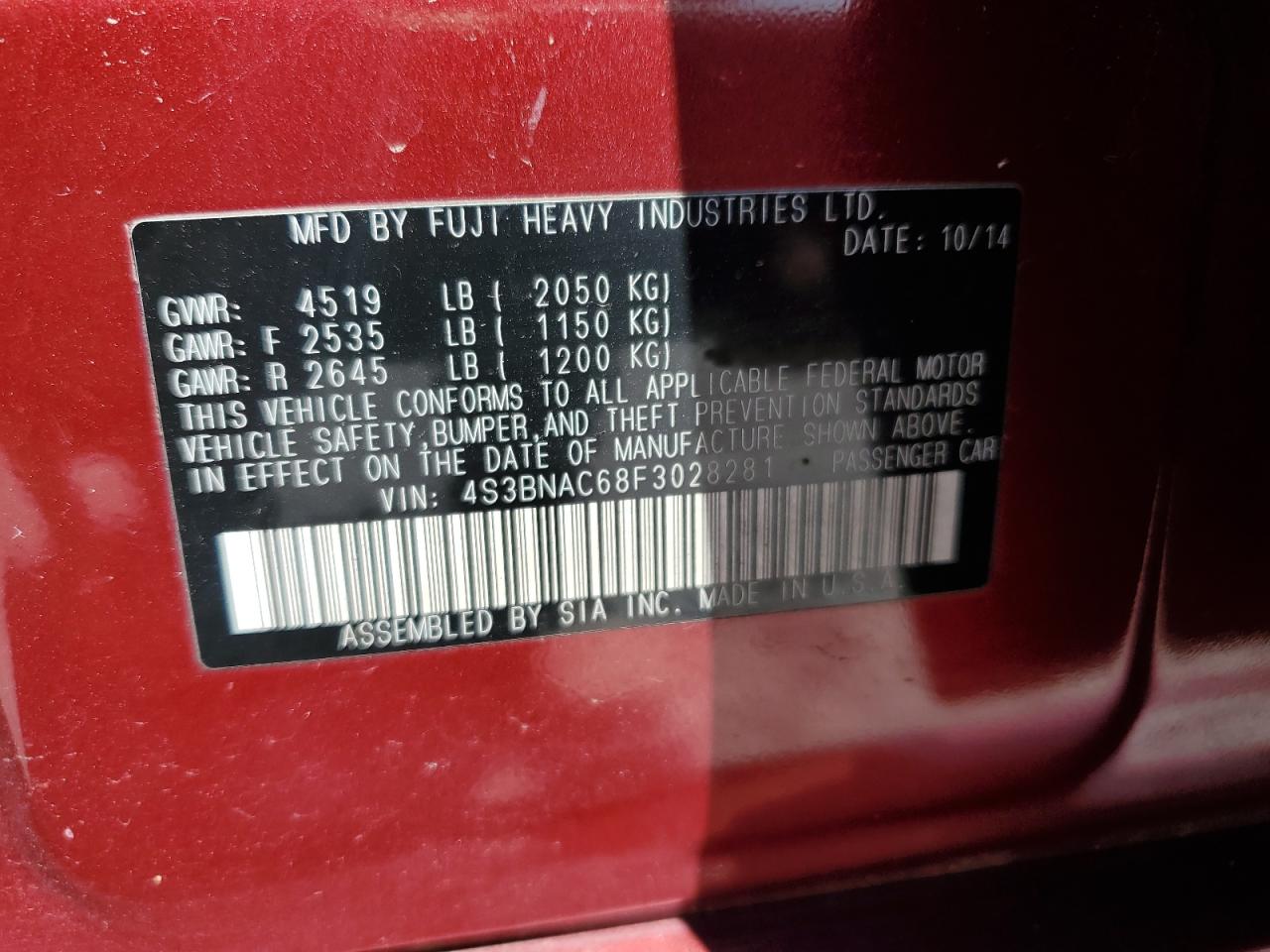 2015 Subaru Legacy 2.5I Premium VIN: 4S3BNAC68F3028281 Lot: 80820545