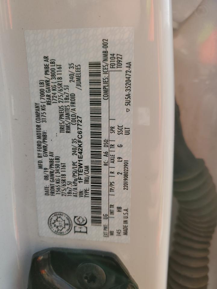 2019 Ford F150 Supercrew VIN: 1FTEW1E42KFC67727 Lot: 70853835