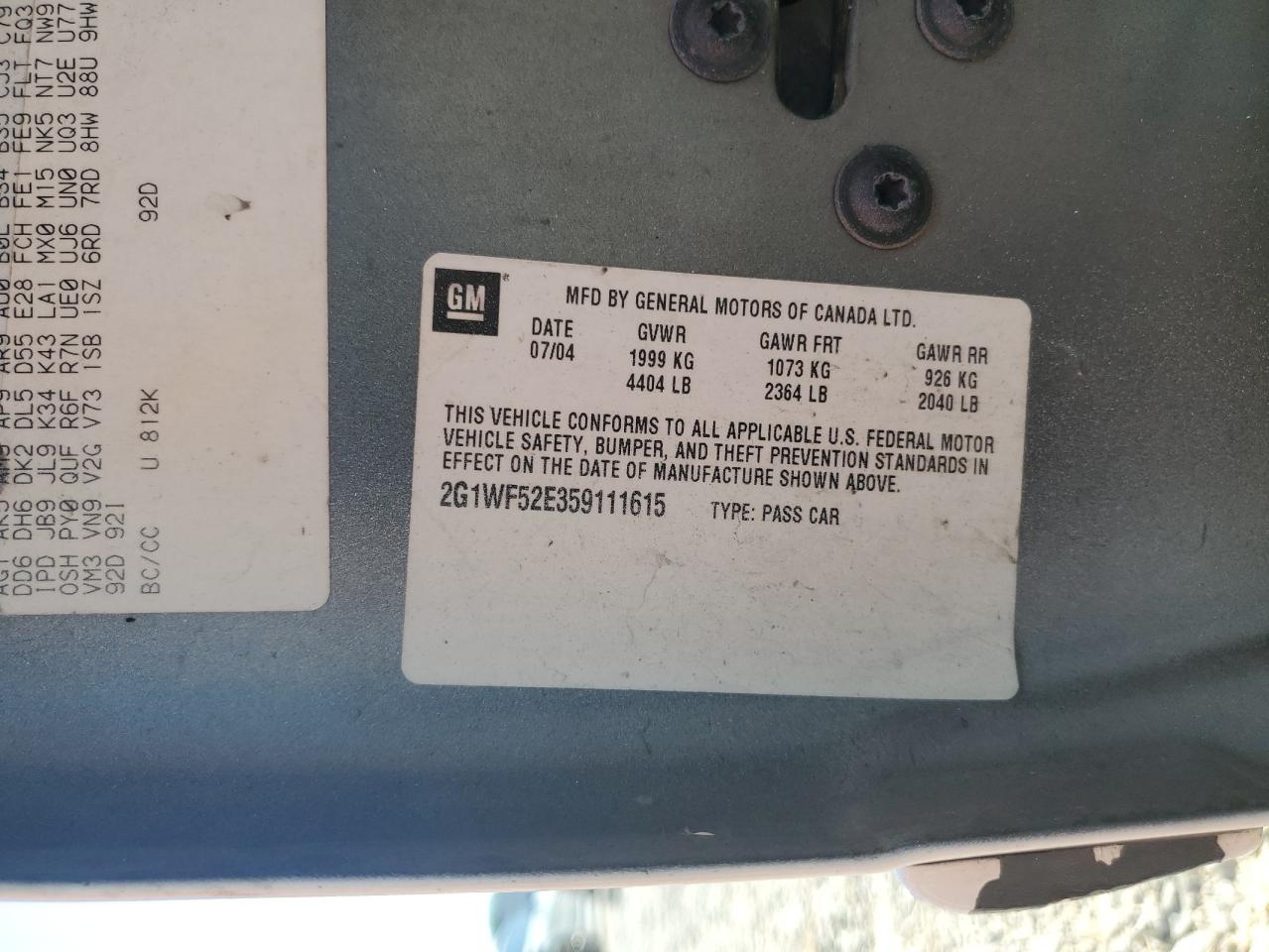 2005 Chevrolet Impala VIN: 2G1WF52E359111615 Lot: 80486425