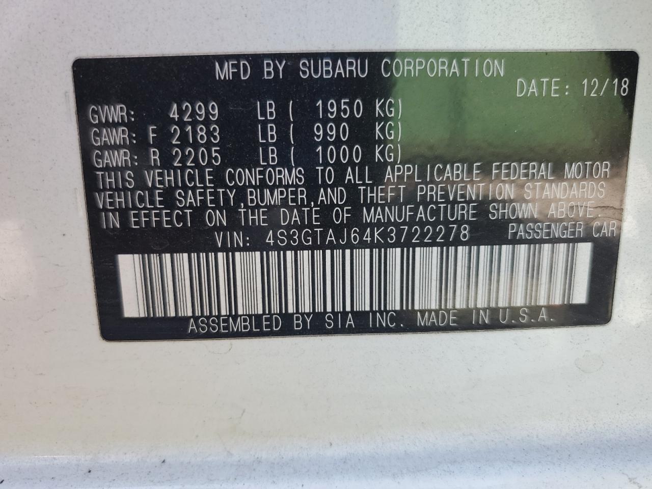 2019 Subaru Impreza Sport VIN: 4S3GTAJ64K3722278 Lot: 80638845