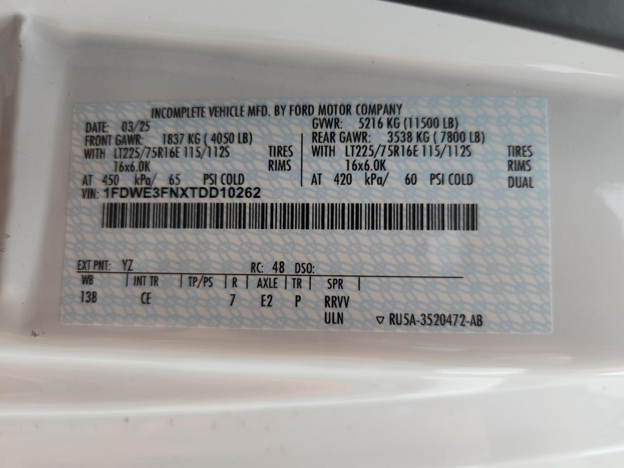2026 Ford Econoline E350 Super Duty Cutaway Van VIN: 1FDWE3FNXTDD10262 Lot: 70674295