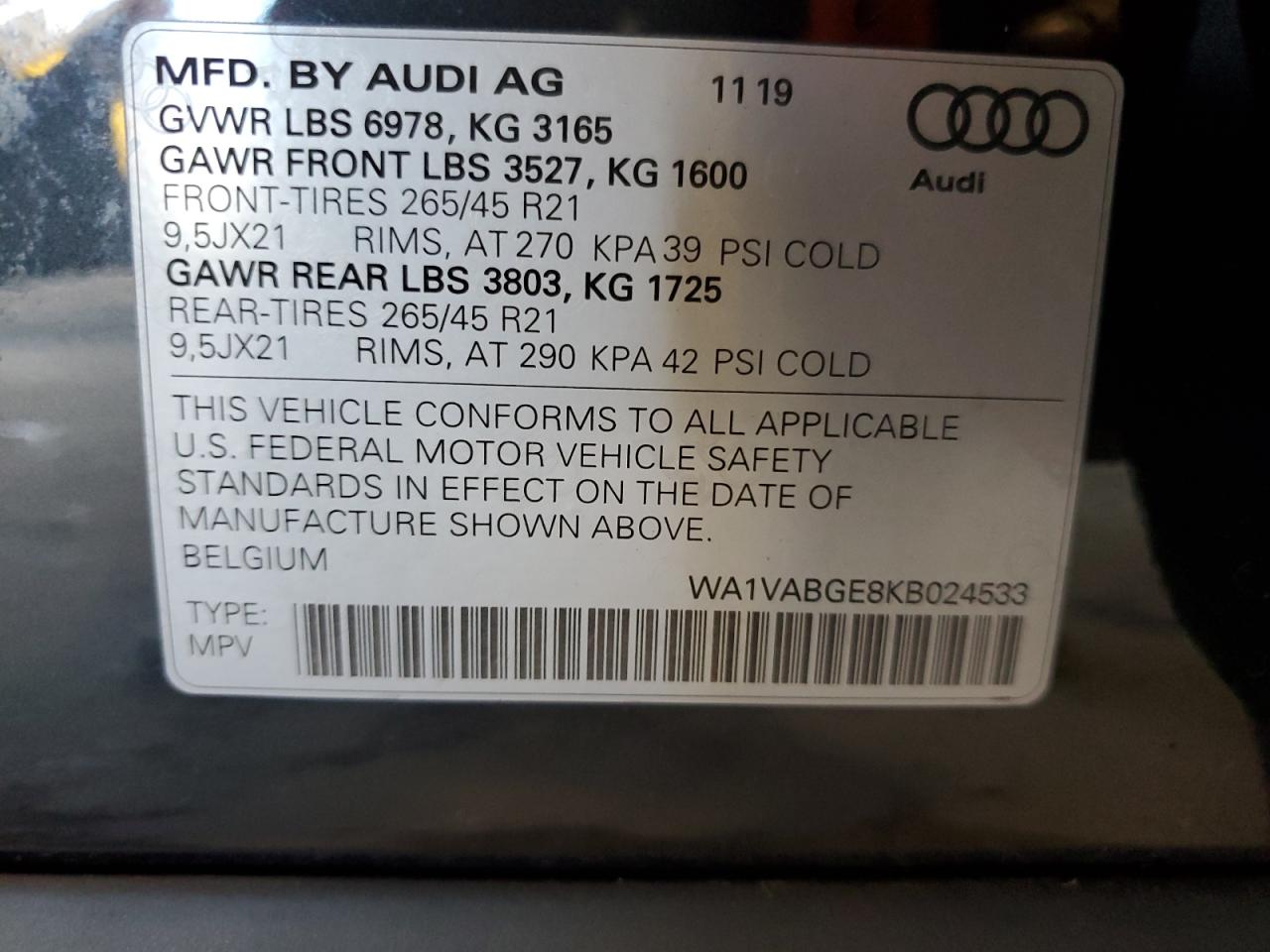 2019 Audi E-Tron Prestige VIN: WA1VABGE8KB024533 Lot: 84543405