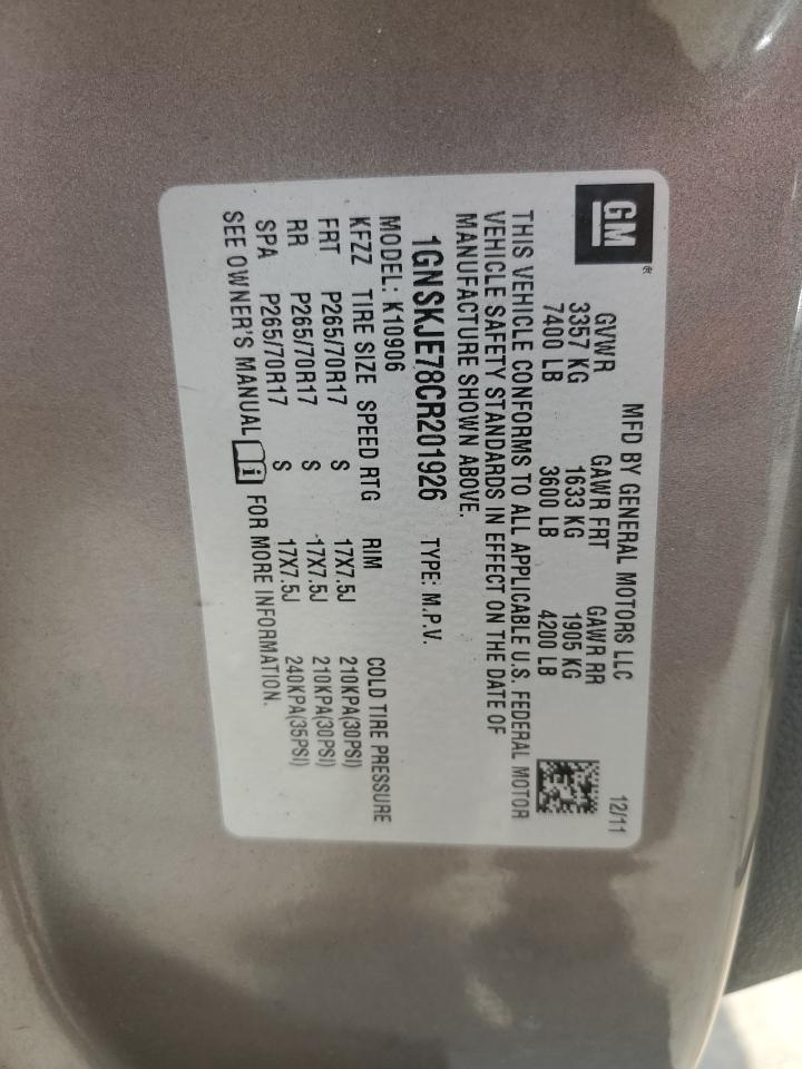 2012 Chevrolet Suburban K1500 Lt VIN: 1GNSKJE78CR201926 Lot: 80923325