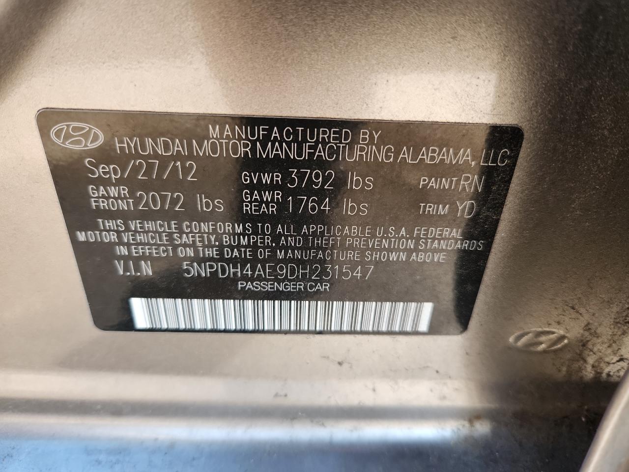 2013 Hyundai Elantra Gls VIN: 5NPDH4AE9DH231547 Lot: 71798735