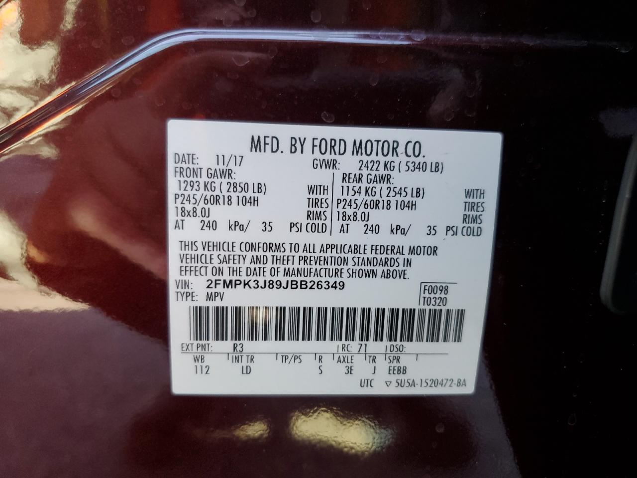 2018 Ford Edge Sel VIN: 2FMPK3J89JBB26349 Lot: 80890765