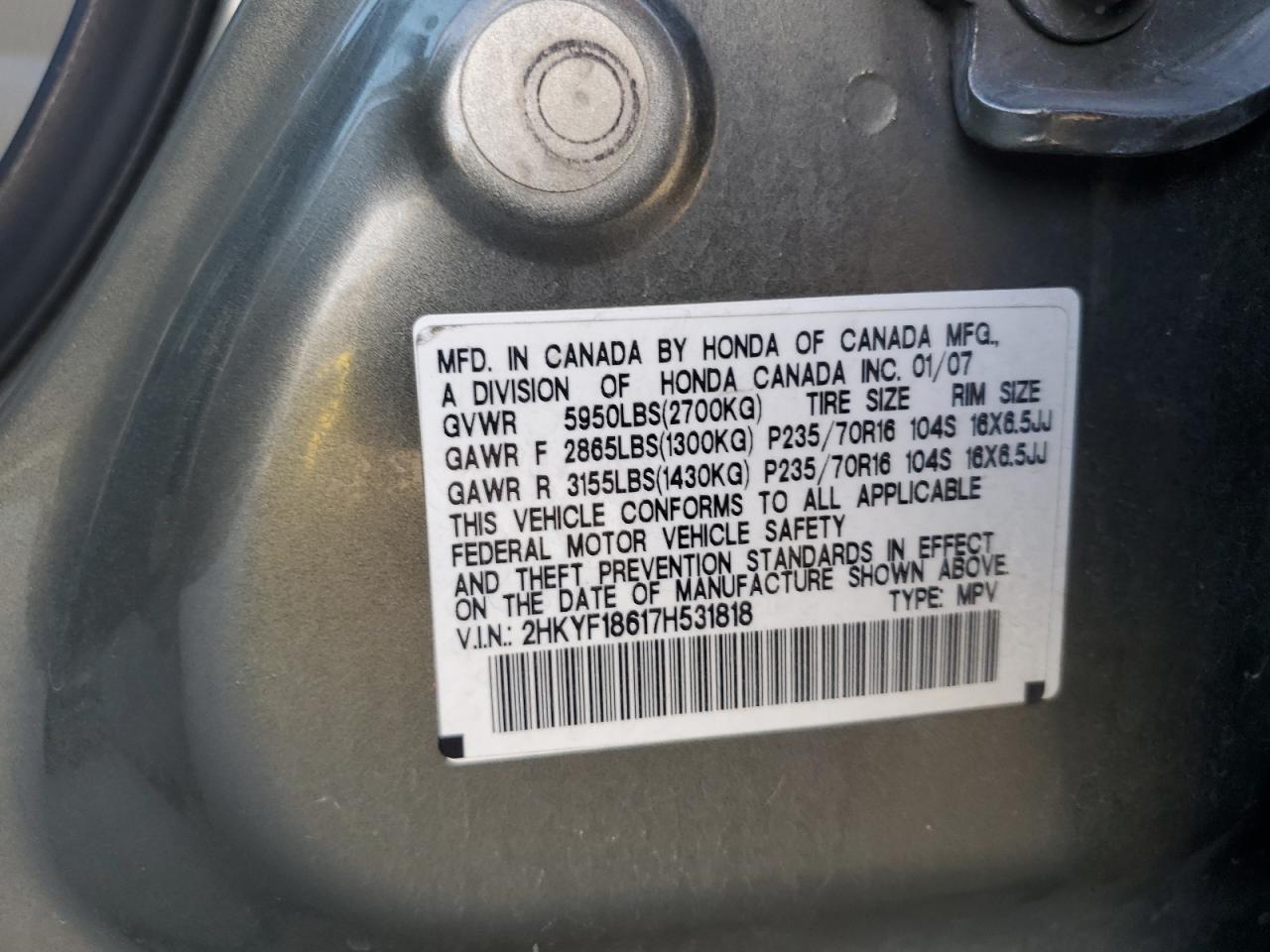 2007 Honda Pilot Exl VIN: 2HKYF18617H531818 Lot: 80472185