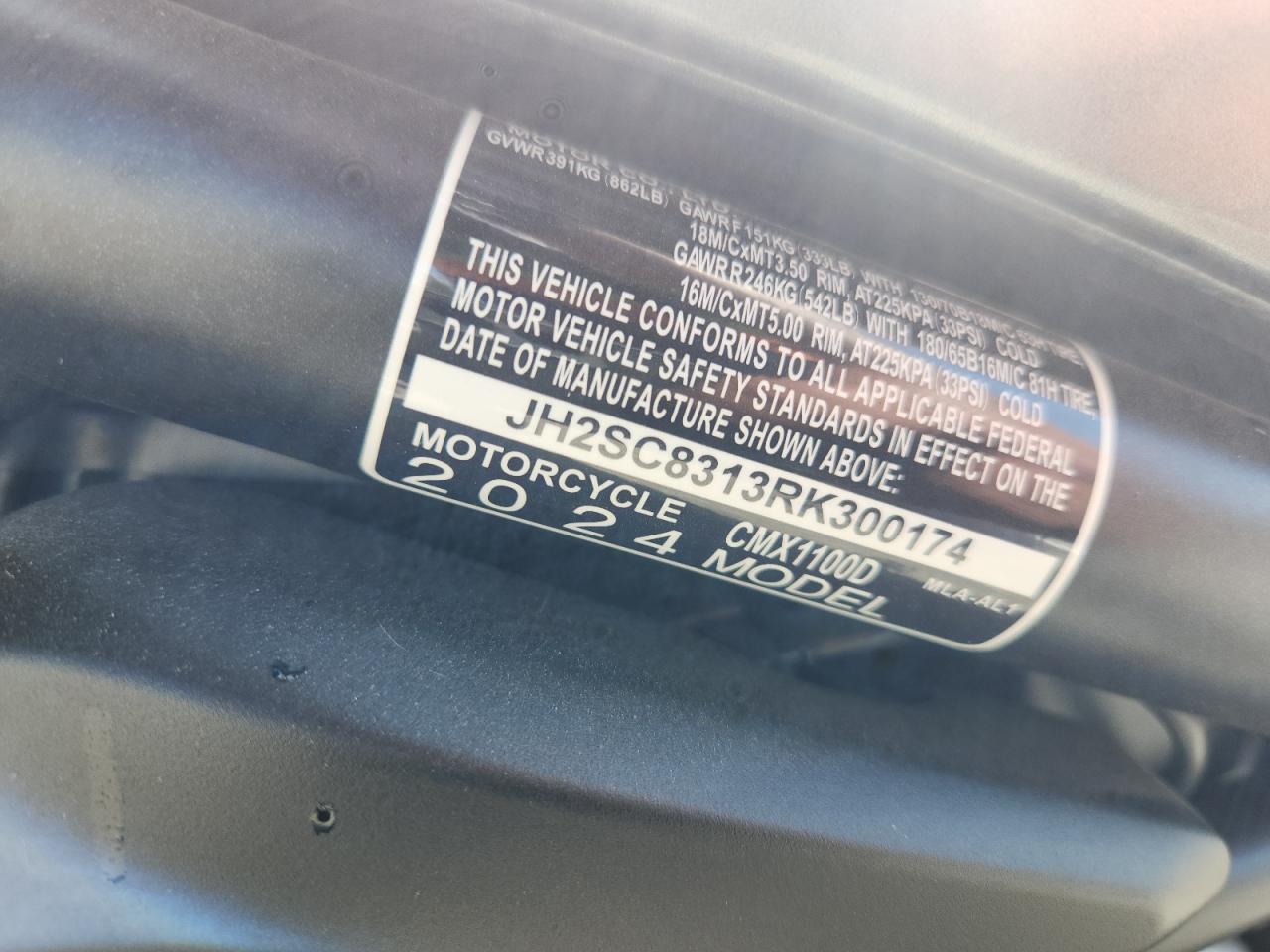 2024 Honda Cmx1100 D VIN: JH2SC8313RK300174 Lot: 80465685