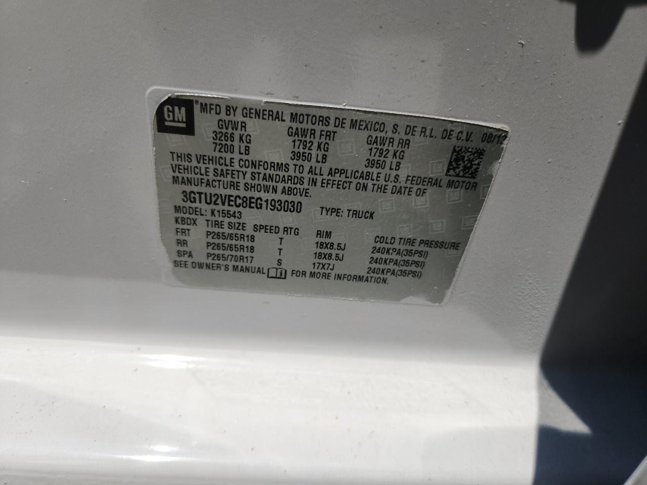 2014 GMC Sierra K1500 Slt VIN: 3GTU2VEC8EG193030 Lot: 80387405