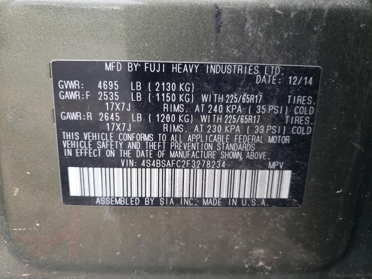 2015 Subaru Outback 2.5I Premium VIN: 4S4BSAFC2F3278234 Lot: 81890075