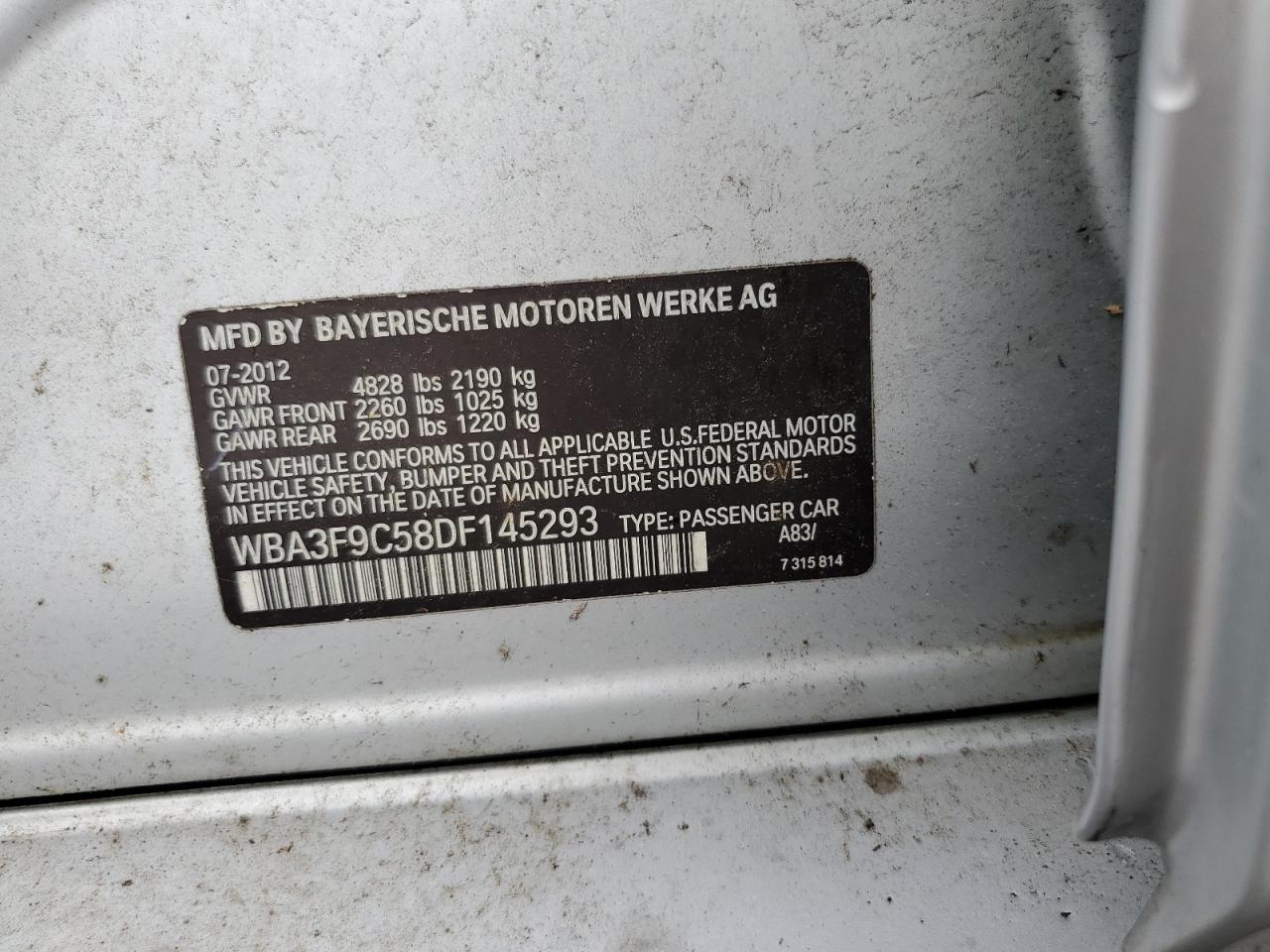 2013 BMW Activehybrid 3 VIN: WBA3F9C58DF145293 Lot: 83856515