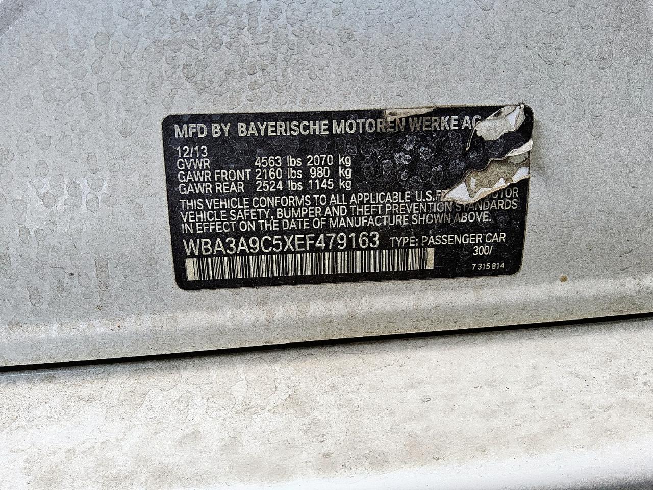 2014 BMW 335 I VIN: WBA3A9C5XEF479163 Lot: 72051905