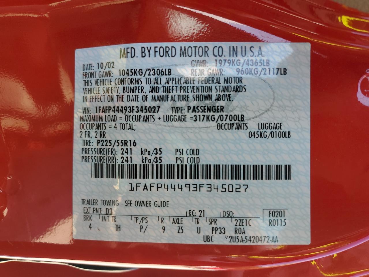 2003 Ford Mustang VIN: 1FAFP44493F345027 Lot: 71061895