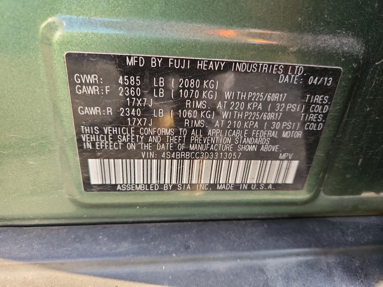 2013 Subaru Outback 2.5I Premium VIN: 4S4BRBCC3D3313057 Lot: 82048645