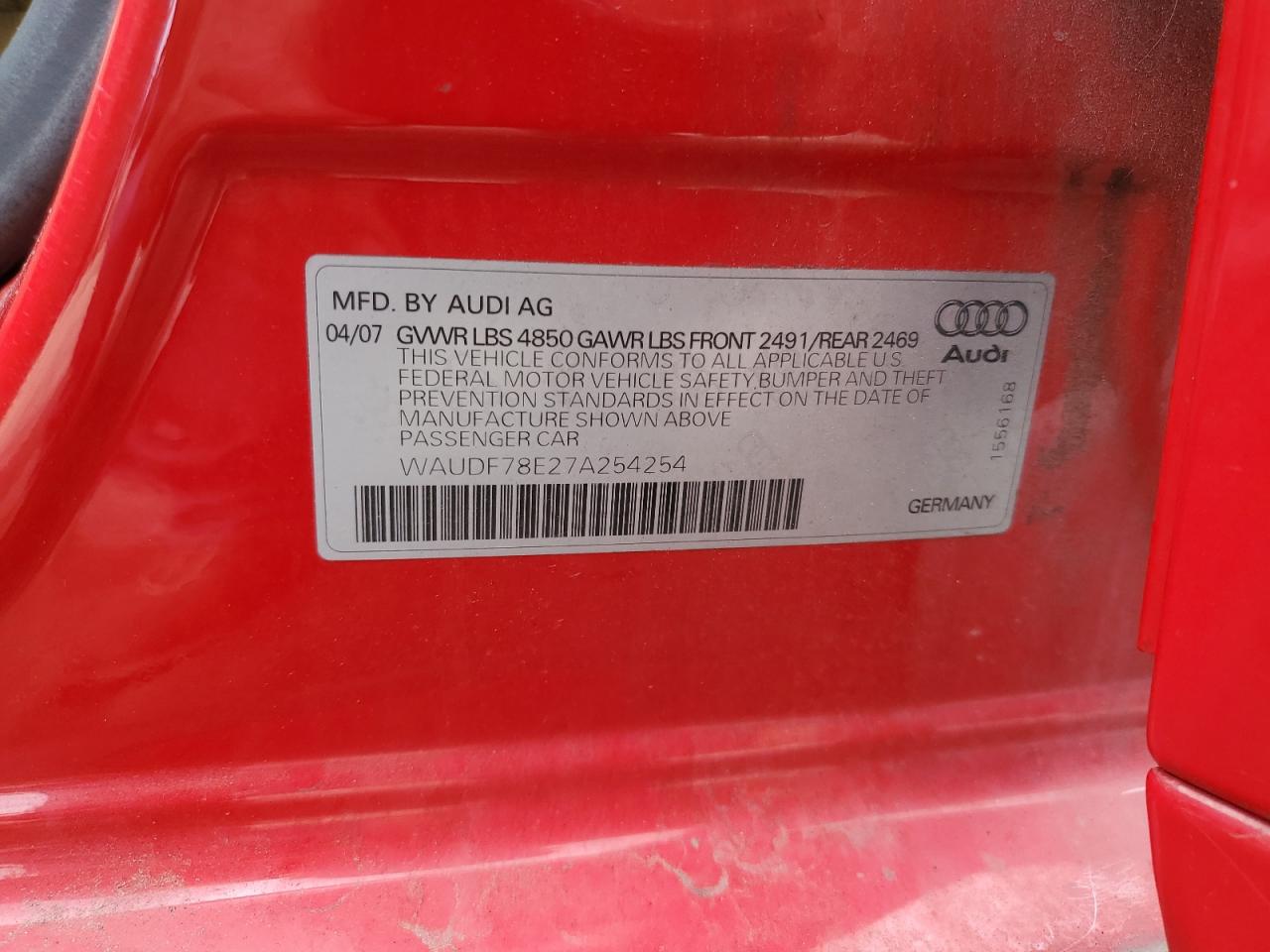 2007 Audi A4 2.0T Quattro VIN: WAUDF78E27A254254 Lot: 82141095