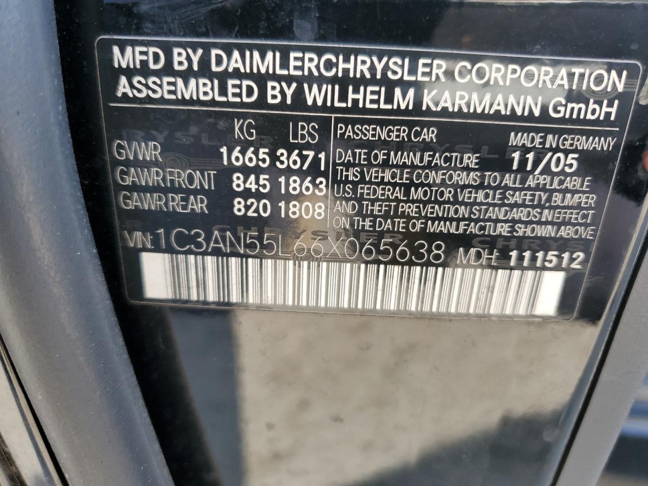 2006 Chrysler Crossfire VIN: 1C3AN55L66X065638 Lot: 80270145