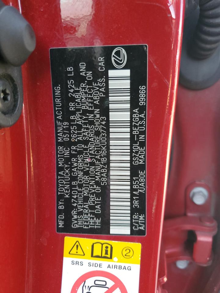 2019 Lexus Es 350 VIN: 58ABZ1B16KU037743 Lot: 80731205