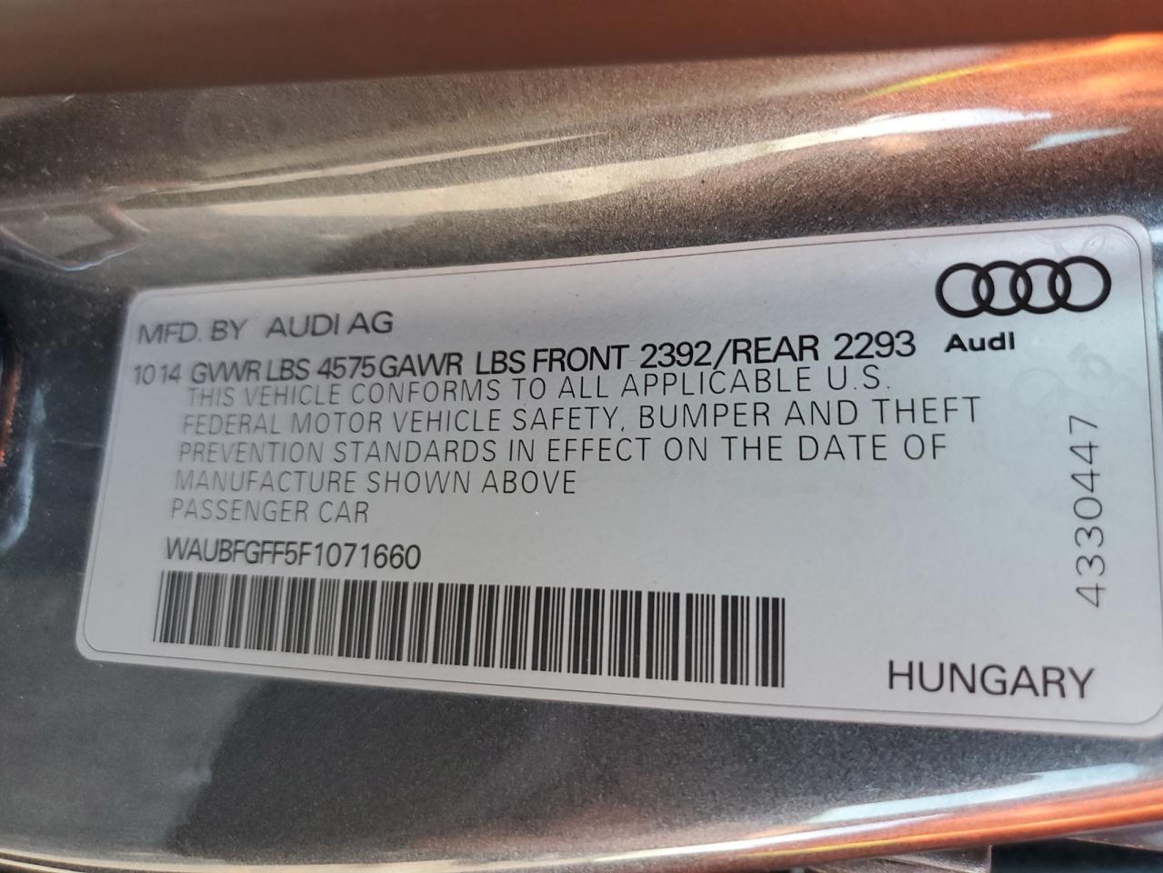 2015 Audi A3 Premium VIN: WAUBFGFF5F1071660 Lot: 84595335