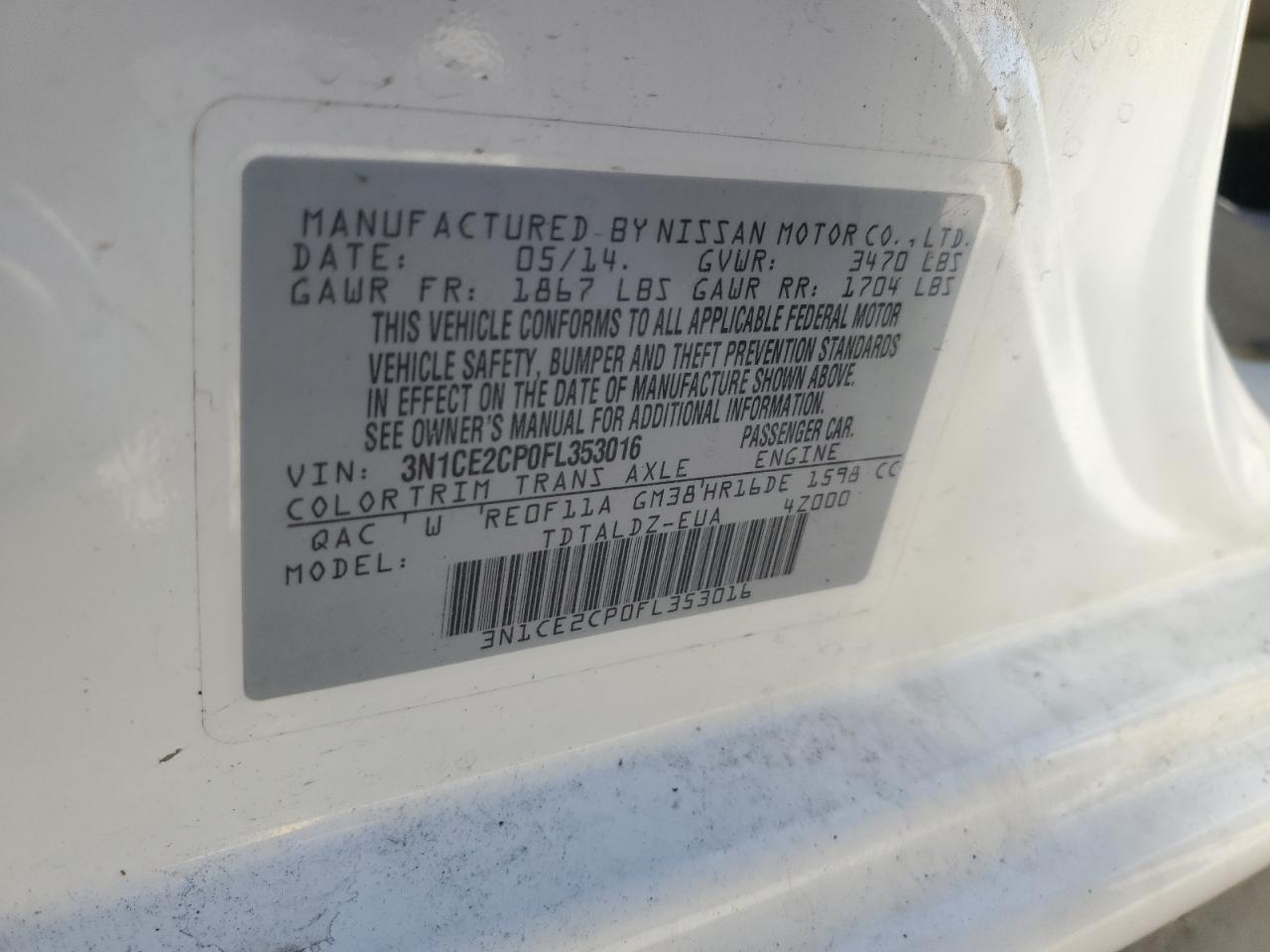 2015 Nissan Versa Note S VIN: 3N1CE2CP0FL353016 Lot: 80011225