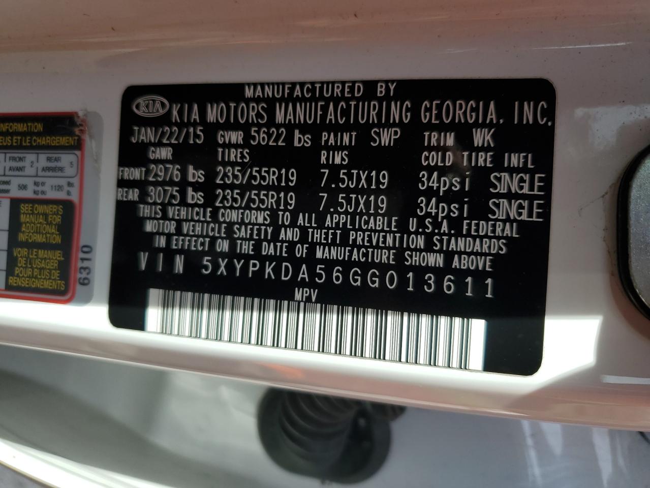 2016 Kia Sorento Sx VIN: 5XYPKDA56GG013611 Lot: 84827595