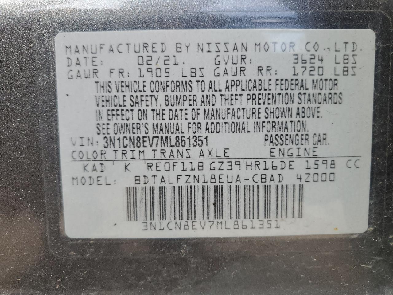 2021 Nissan Versa Sv VIN: 3N1CN8EV7ML861351 Lot: 80432275