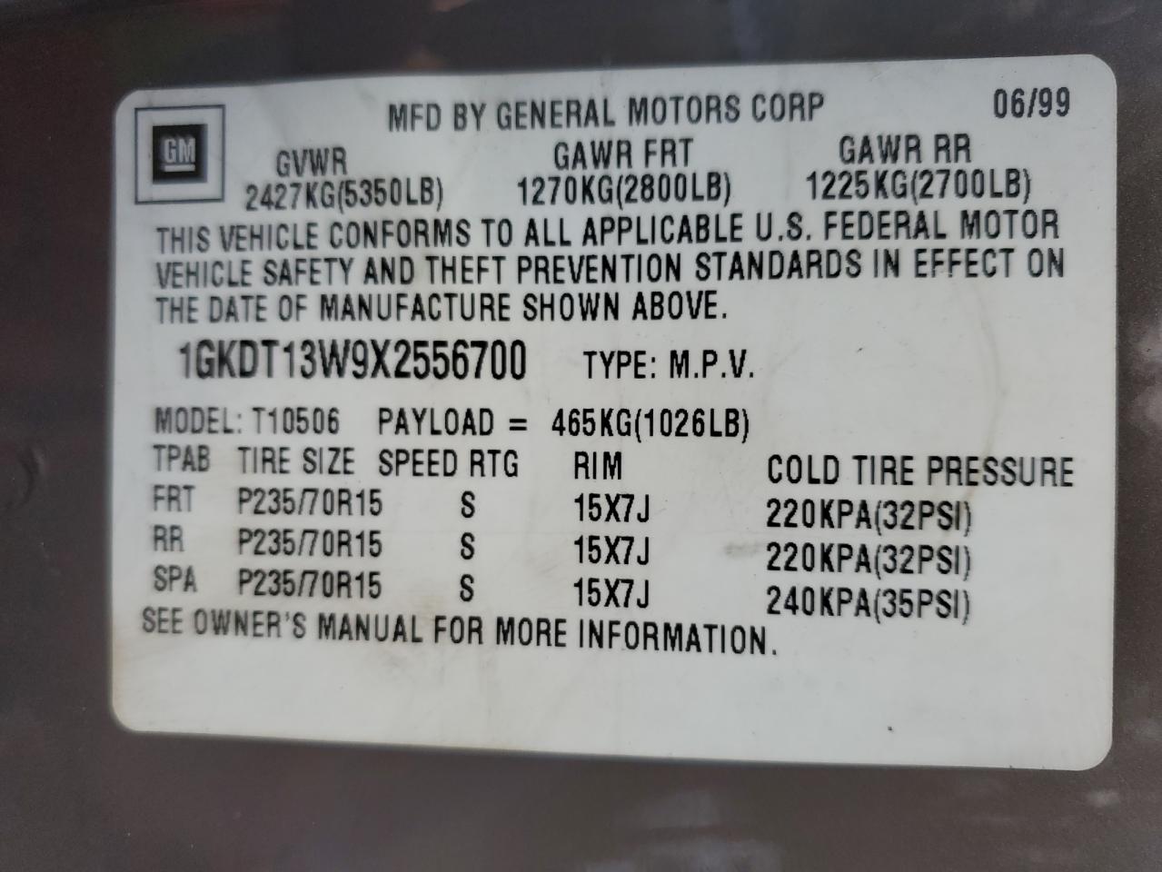 1999 GMC Jimmy VIN: 1GKDT13W9X2556700 Lot: 81556205