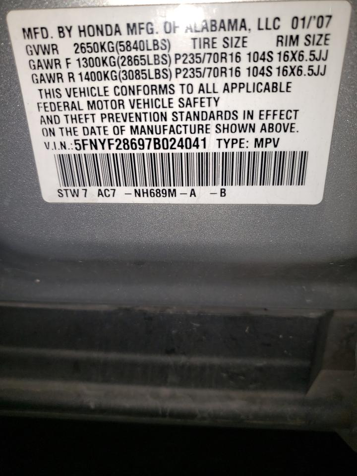 2007 Honda Pilot Exl VIN: 5FNYF28697B024041 Lot: 84845775