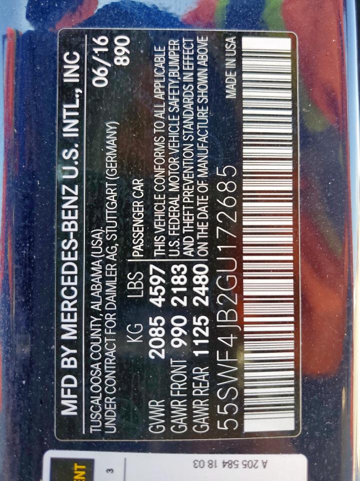 2016 Mercedes-Benz C 300 VIN: 55SWF4JB2GU172685 Lot: 84052845